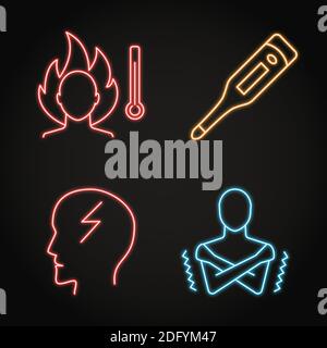 Neon high temperature icon set in line style. Fever symptoms collection. Vector illustration. Stock Vector