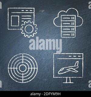 Chalkboard SEO icon set in line style. Landing page, website optimization, cloud hosting and target symbols on blackboard. Vector illustration. Stock Vector