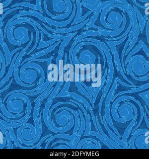 Turquoise smooth lines corners and spirals with torn edges on a turquoise background vector seamless pattern.Abstract texture drawing ice on glass Stock Vector