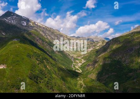 Aerial view of St. Gotthard pass in the Swiss Alps, Switzerland Stock Photo