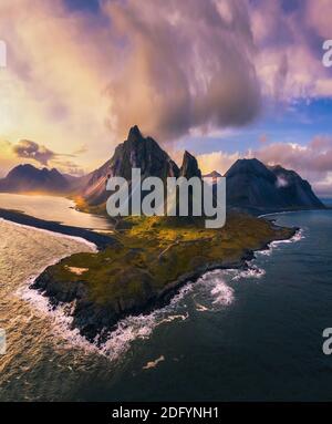 Aerial View of the Eystrahorn with Krossanesfjall Mountain in Iceland at sunset Stock Photo