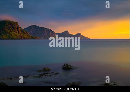Sunset over the mountains and the sea of Lofoten islands, Norway Stock Photo