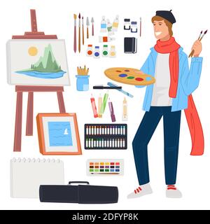 Male artist painting landscape picture on easel Stock Vector