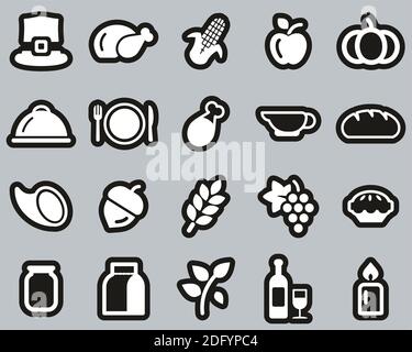 Thanksgiving Holiday Dinner & Tradition Icons White On Black Sticker Set Big Stock Vector