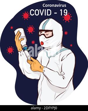 A vector illustration artwork of a scientists are developing and research on covid 19 vaccine. Stock Vector