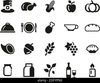 Thanksgiving Holiday Dinner & Tradition Icons Black & White Set Big Stock Vector