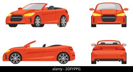 Cabriolet in different angles. Red automobile in cartoon style. Stock Vector