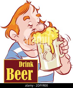 Happy man character drinks beer with mouth wide open stock illustration Stock Vector