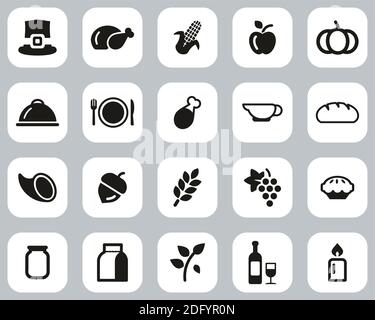 Thanksgiving Holiday Dinner & Tradition Icons Black & White Flat Design Set Big Stock Vector