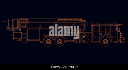 Outline of a detailed fire engine from orange lines on a dark background. Side view. Vector illustration. Stock Vector