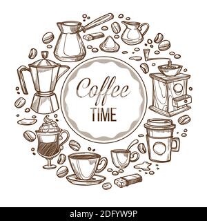 Coffee time, cups and beans monochrome sketch Stock Vector