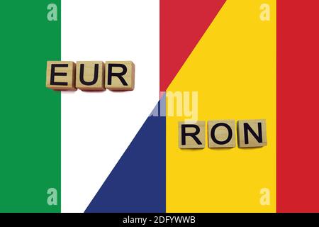 Italy and Romania currencies codes on national flags background. International money transfer concept