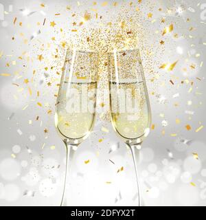 glasses with champagne on a background of gold and silver confetti Stock Vector