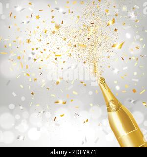 golden bottle of champagne with confetti explosion on silver background Stock Vector