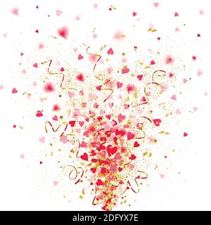 golden confetti with red hearts on white background Stock Vector