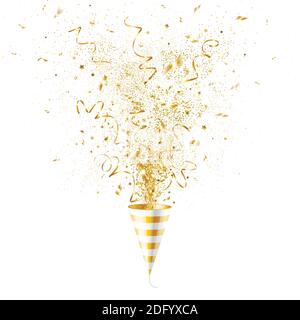explosion party popper with gold confetti on a white background Stock Vector