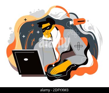 Hacker with laptop, cyber attack and crimes vector Stock Vector