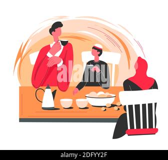 Muslim characters drinking tea or coffee by table Stock Vector