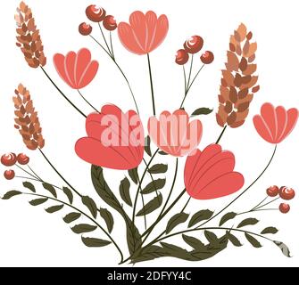 Composition of poppy, pink veronica flowers and twigs with berries. Vector Stock Vector