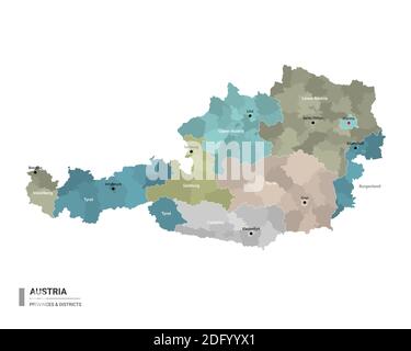 Austria higt detailed map with subdivisions. Administrative map of Austria with districts and cities name, colored by states and administrative distri Stock Vector