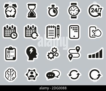 Time Management Icons Black & White Sticker Set Big Stock Vector