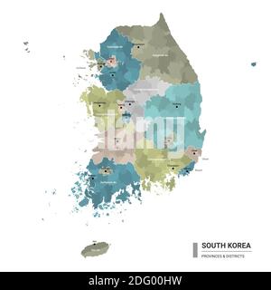 South Korea higt detailed map with subdivisions. Administrative map of South Korea with districts and cities name, colored by states and administrativ Stock Vector
