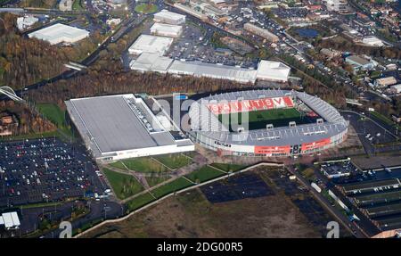 An aerial photograph of St Helens Rugby League ground and Tesco Supermarket in Lancashire, north West England, UK Stock Photo