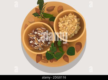 Composition of one plate and two boils filled with various nuts. Almonds, Walnuts, hazelnuts. Vector Stock Vector