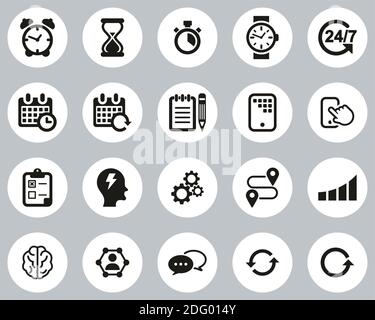Time Management Icons Black & White Flat Design Circle Set Big Stock Vector