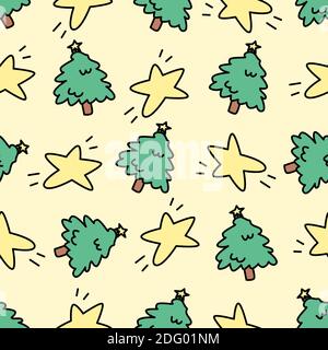 Yellow seamless pattern with stars and christmas trees. Christmas and New Year design. Stock Vector