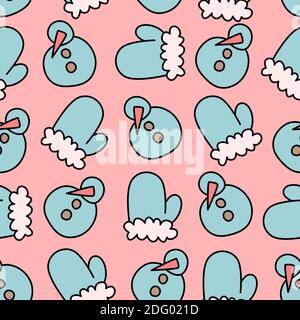 Pink seamless pattern with blue mittens and snowmen. Christmas and New Year design. Stock Vector