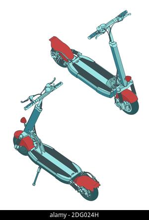 Stylized vector cartoon illustration of color Electric scooter in isometric view Stock Vector