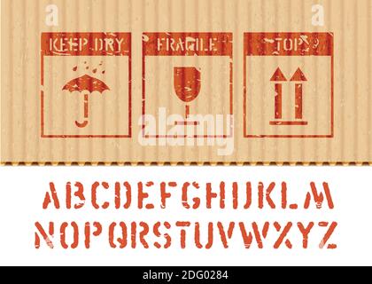 Standard cargo grunge box signs and alphabet for cargo and logisticks umbrella, glass, arrow up icons on cardboard. Vector Stock Vector