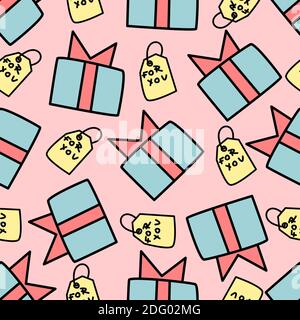 Pink seamless pattern with blue gift boxes and yellow labels. Christmas and New Year design. Stock Vector