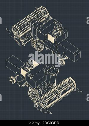 Stylized vector illustrations of a Combine Harvester blueprints isometric view Stock Vector