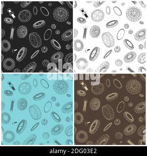 Stylized vector illustration of various gears, washers, bolts and nuts. Illustrations are seamless in all directions if needed Stock Vector