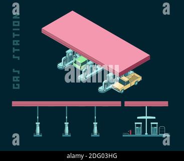 Stylized vector illustration of color drawings of a gas station including an isometric view with cars on it Stock Vector