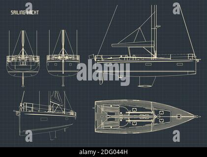 Stylized vector illustration of blueprints of a sailing yacht Stock Vector