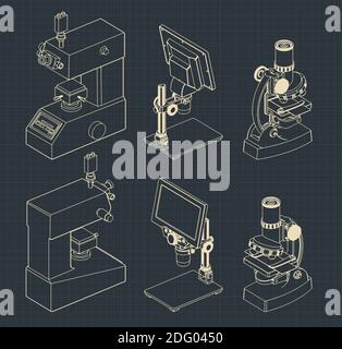 Stylized vector illustration of Microscopes mini set drawings in isometric view Stock Vector