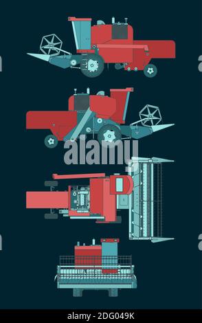 Stylized vector illustrations of a Combine Harvester colorful blueprints Stock Vector