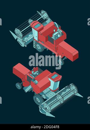 Stylized vector illustrations of a Combine Harvester blueprints colorful isometric view Stock Vector