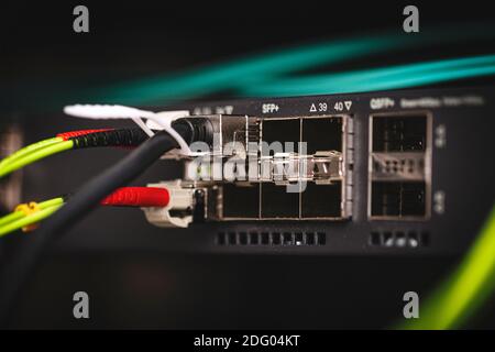 close up of a fiber optic switch with cable Stock Photo
