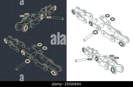 Stylized vector illustration of a close-up of mechanical chain transmission drawings from different angles Stock Vector