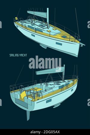 Stylized vector illustration of color blueprints of a sailing yacht Stock Vector