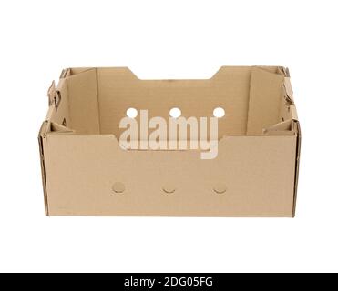 rectangular empty cardboard box of brown paper on a white background, box without a lid for vegetables and fruits in with holes Stock Photo