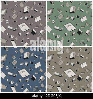 Stylized seamless in all directions illustrations of electronic components and circuitry. Stock Vector