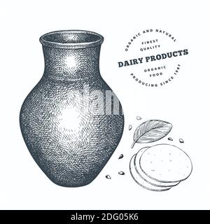 Hand drawn sketch style milk clay jug. Organic fresh food vector illustration isolated on white background. Retro dairy product illustration. Engraved Stock Vector