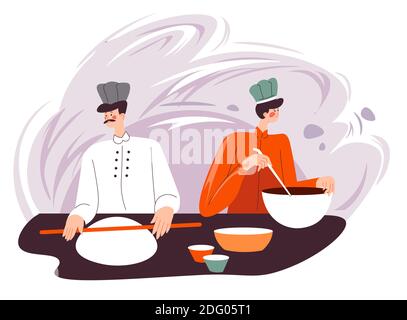 Bakery shop, baker using rolling pin for dough Stock Vector