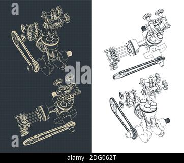 Stylized vector illustration of Two-cylinder Motorcycle engine with mechanical chain transmission drawings Stock Vector