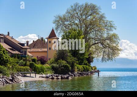 The shoreline near the town of Morges on the north shore of Lake Geneva in the Vaud canton in Switzerland. Stock Photo